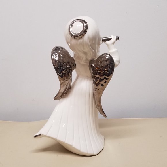 Atlantic Mold White, Sliver Angel Playing Flute Ceramic Christmas 12" Figure - Picture 4 of 8
